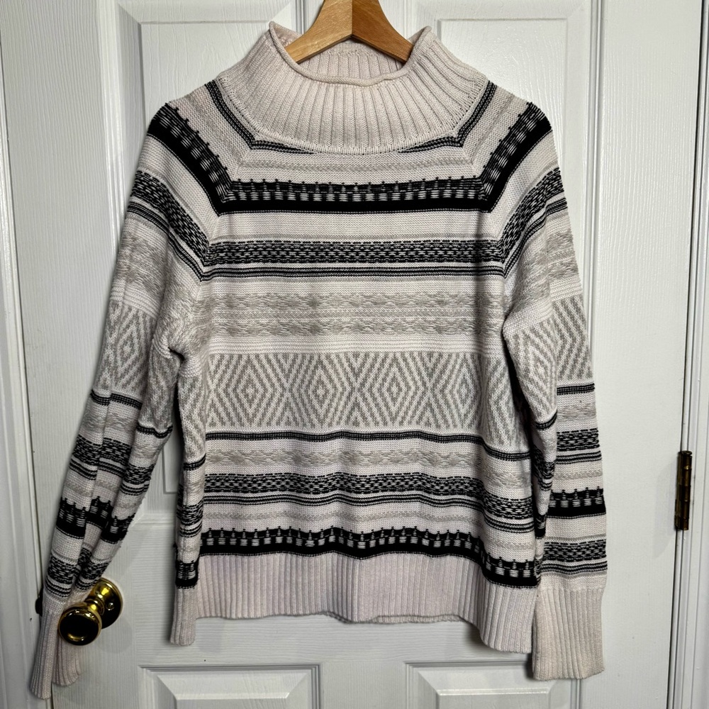 Chaps Fair Isle Roll Neck Sweater XL Cream Black Geometric Knit Cozy Winter